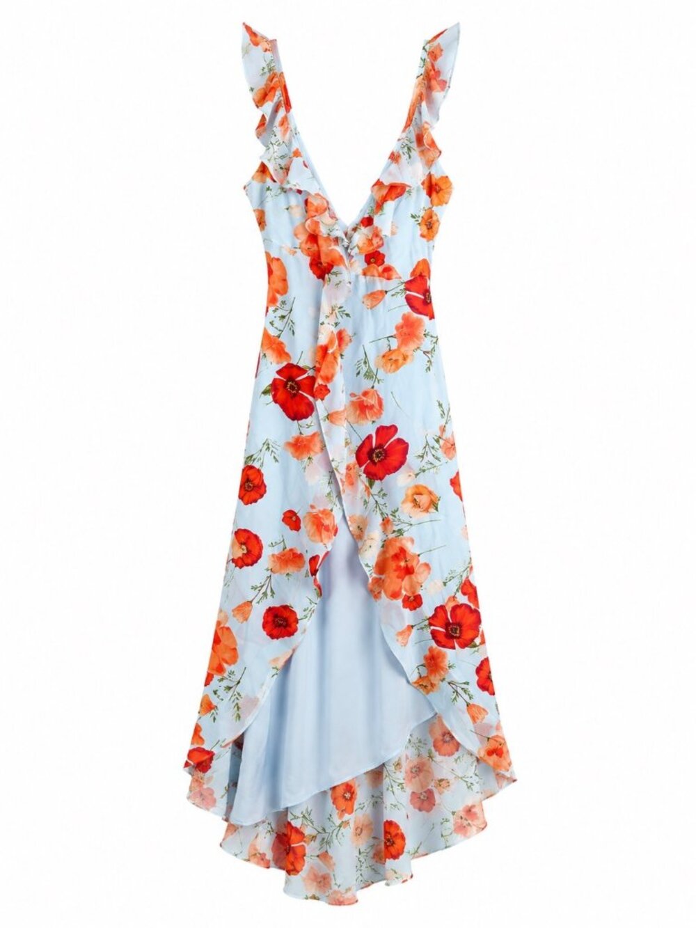 Floral High-Low Ruffle Wrap Midi Dress With V-Neck & Sleeveless Design